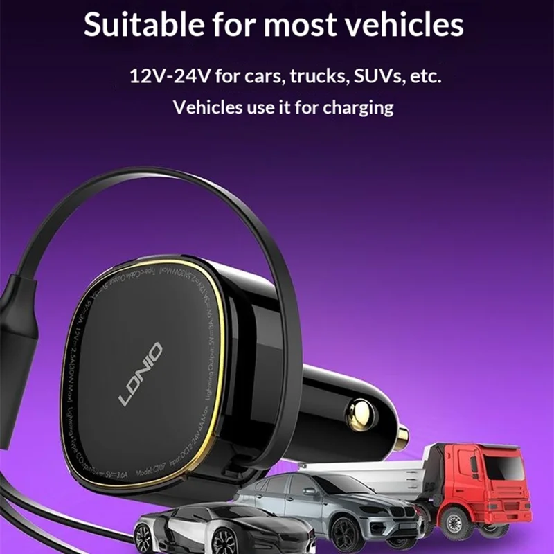 LDNIO C107 30W Car Charger PD QC Fast Charging Car Adapter with Retractable iP (5-14) & Type-C Cable - Black