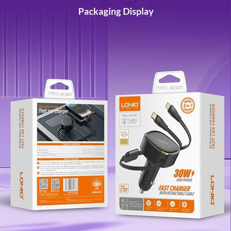 LDNIO C107 30W Car Charger PD QC Fast Charging Car Adapter with Retractable iP (5-14) & Type-C Cable - Black