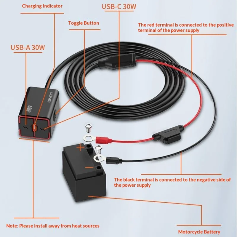 Cargador para Motocicleta LDNIO C108 60W de Doble Puerto PD QC, Adaptador Impermeable para Batería - Negro
