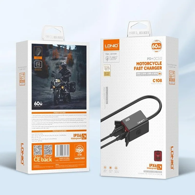 Cargador para Motocicleta LDNIO C108 60W de Doble Puerto PD QC, Adaptador Impermeable para Batería - Negro