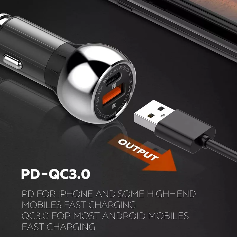 LDNIO C1 36W Car Charger Metal Dual Port PD 20W + QC3.0 18W Fast Charging Car Adapter for iPhone Android - Black