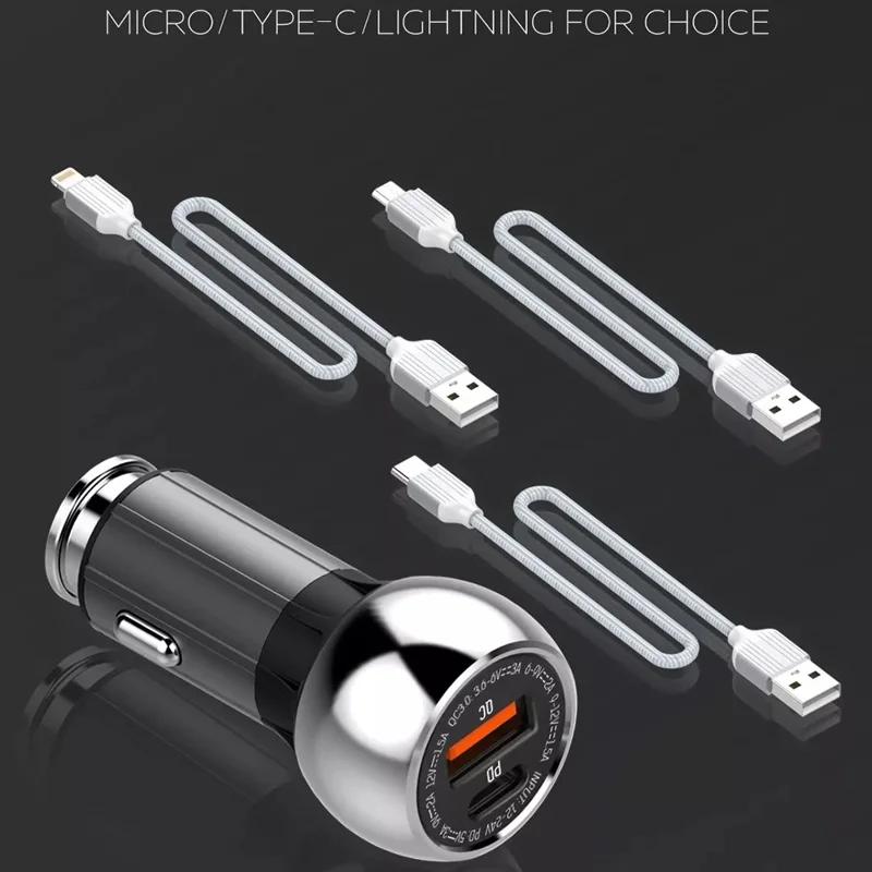 LDNIO C1 36W Car Charger Metal Dual Port PD 20W + QC3.0 18W Fast Charging Car Adapter for iPhone Android - Black