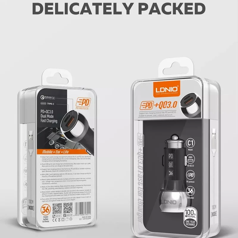 LDNIO C1 36W Car Charger Metal Dual Port PD 20W + QC3.0 18W Fast Charging Car Adapter for iPhone Android - Black