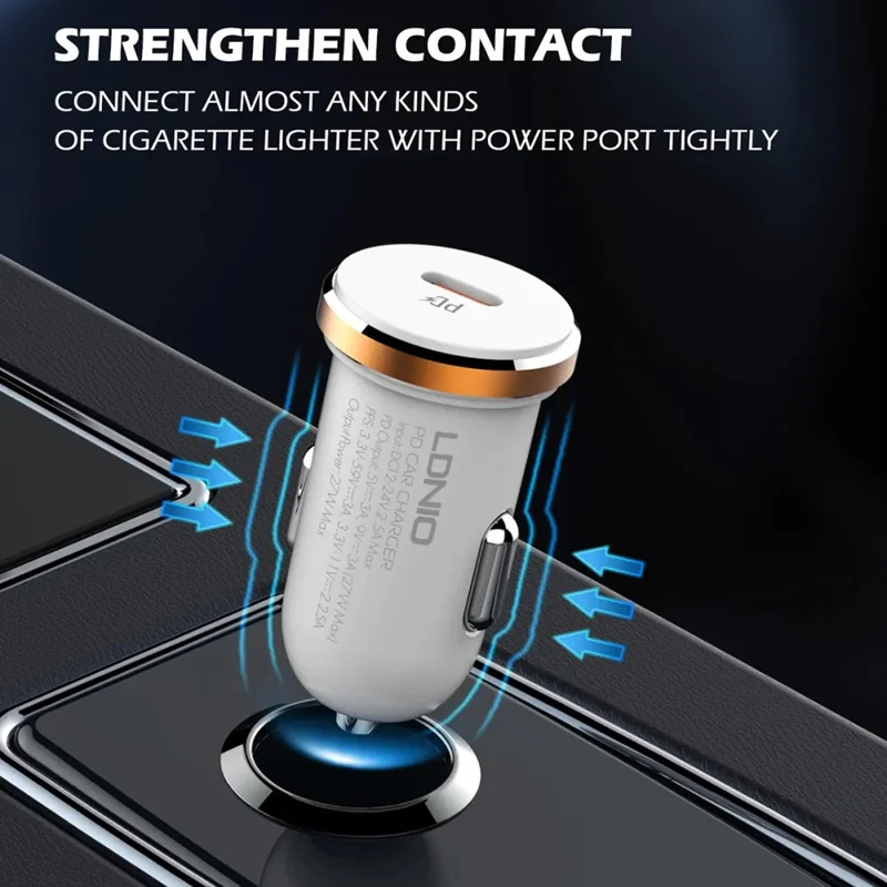 LDNIO C22Q 27W PD PPS Car Charger with Type-C to Type-C Cable Single Port USB-C Fast Charging Car Adapter for iPhone Samsung Xiaomi - White