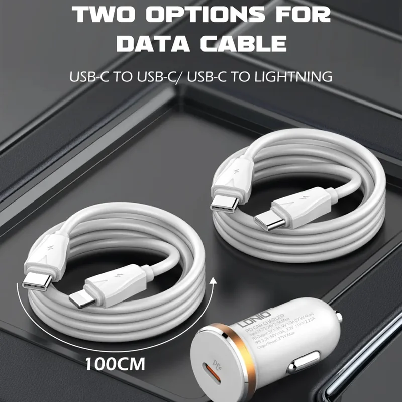 LDNIO C22Q 27W PD PPS Car Charger with Type-C to Type-C Cable Single Port USB-C Fast Charging Car Adapter for iPhone Samsung Xiaomi - White