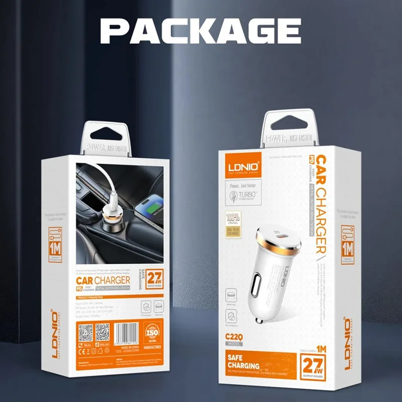 LDNIO C22Q 27W PD PPS Car Charger with Type-C to Type-C Cable Single Port USB-C Fast Charging Car Adapter for iPhone Samsung Xiaomi - White