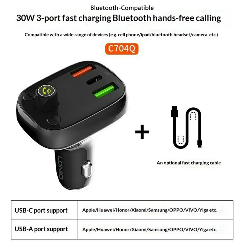 LDNIO C704Q Car Charger with USB Cable Bluetooth-compatible 5.0 FM Transmitter 3 Port PD QC4.0 Auto-ID LED Display Fasting Charging Adapter - Grey