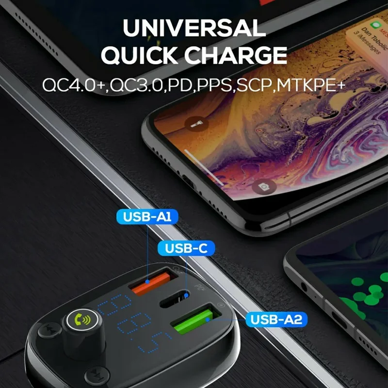 LDNIO C704Q Car Charger with USB Cable Bluetooth-compatible 5.0 FM Transmitter 3 Port PD QC4.0 Auto-ID LED Display Fasting Charging Adapter - Grey