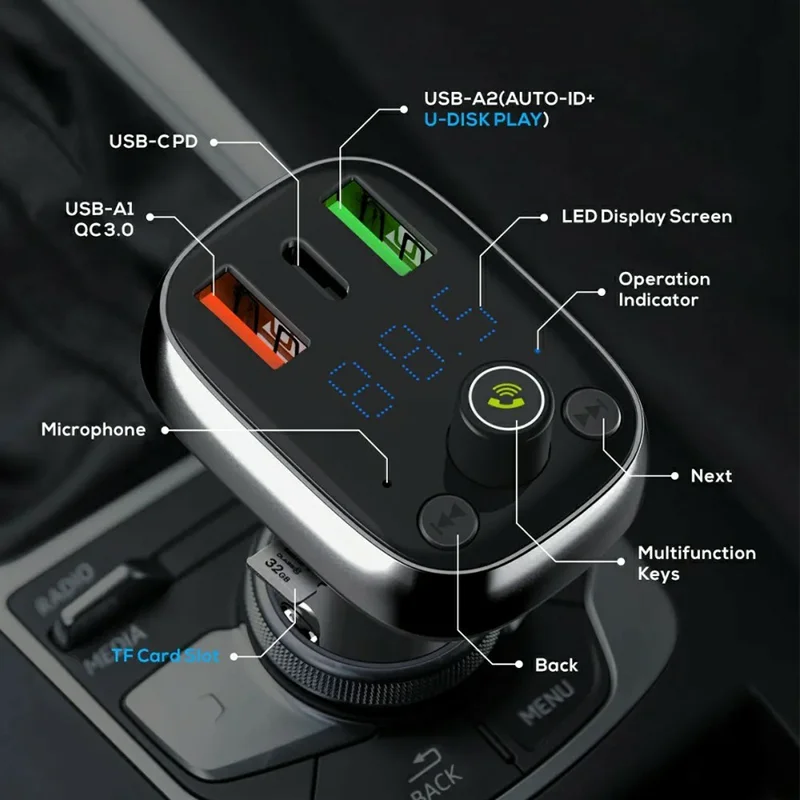 LDNIO C704Q Car Charger with USB Cable Bluetooth-compatible 5.0 FM Transmitter 3 Port PD QC4.0 Auto-ID LED Display Fasting Charging Adapter - Grey
