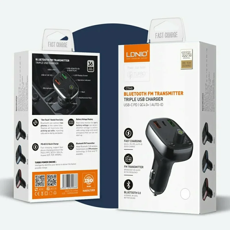 LDNIO C704Q Car Charger with USB Cable Bluetooth-compatible 5.0 FM Transmitter 3 Port PD QC4.0 Auto-ID LED Display Fasting Charging Adapter - Grey