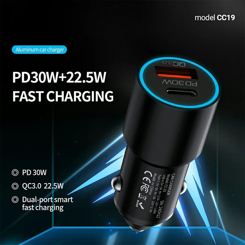 CELEBRAT CC19 Car Charger QC 3.0 22.5W USB + PD 30W Type-C Dual Port Fast Charging Adapter with Atmosphere Light - Black