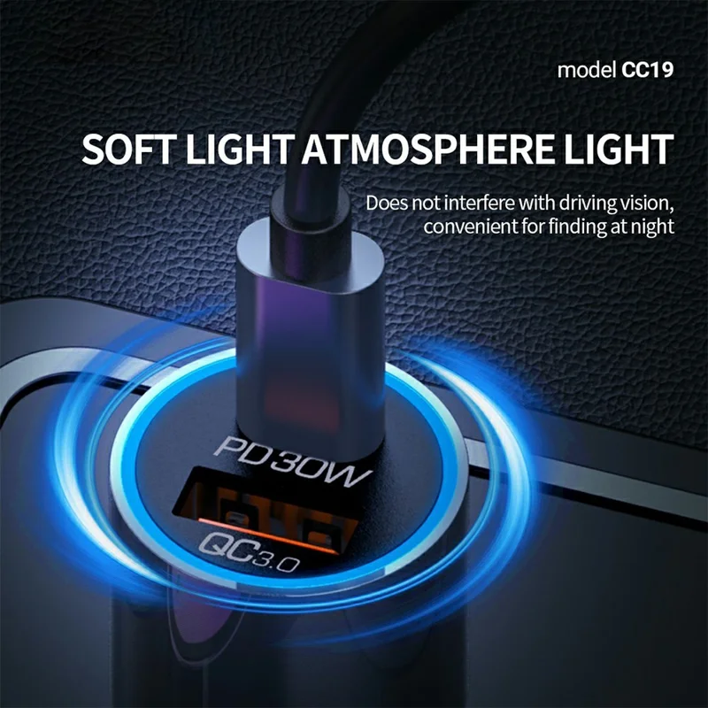 CELEBRAT CC19 Car Charger QC 3.0 22.5W USB + PD 30W Type-C Dual Port Fast Charging Adapter with Atmosphere Light - Black