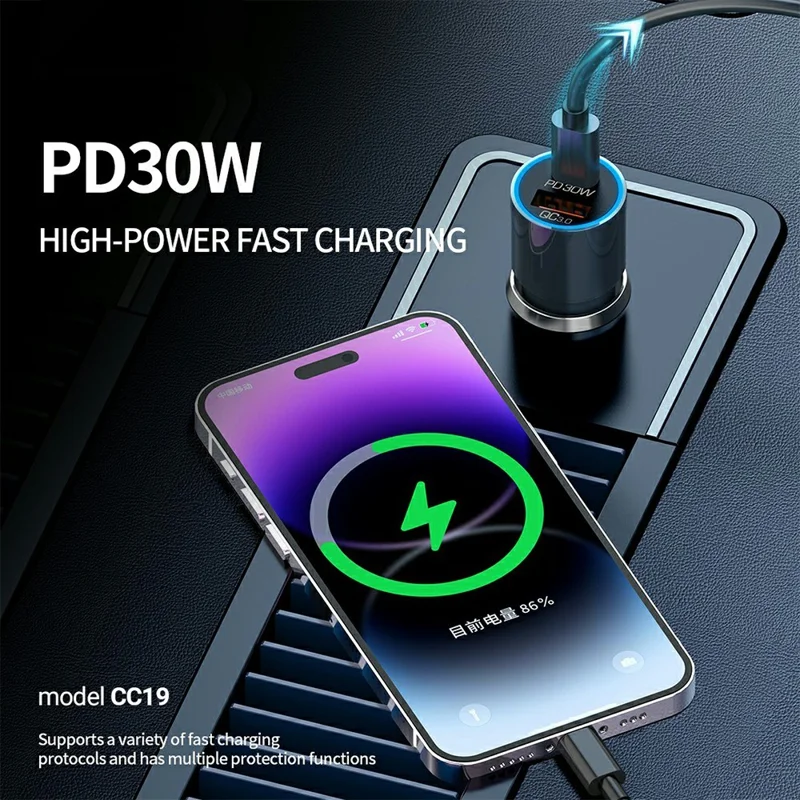 CELEBRAT CC19 Car Charger QC 3.0 22.5W USB + PD 30W Type-C Dual Port Fast Charging Adapter with Atmosphere Light - Black