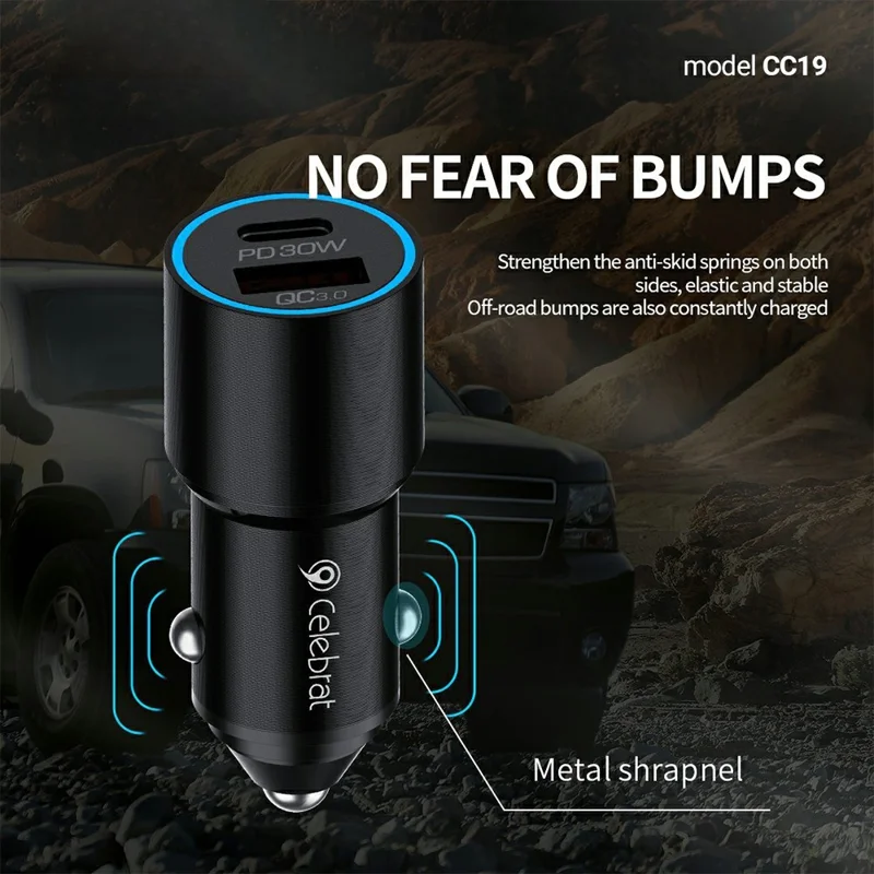 CELEBRAT CC19 Car Charger QC 3.0 22.5W USB + PD 30W Type-C Dual Port Fast Charging Adapter with Atmosphere Light - Black