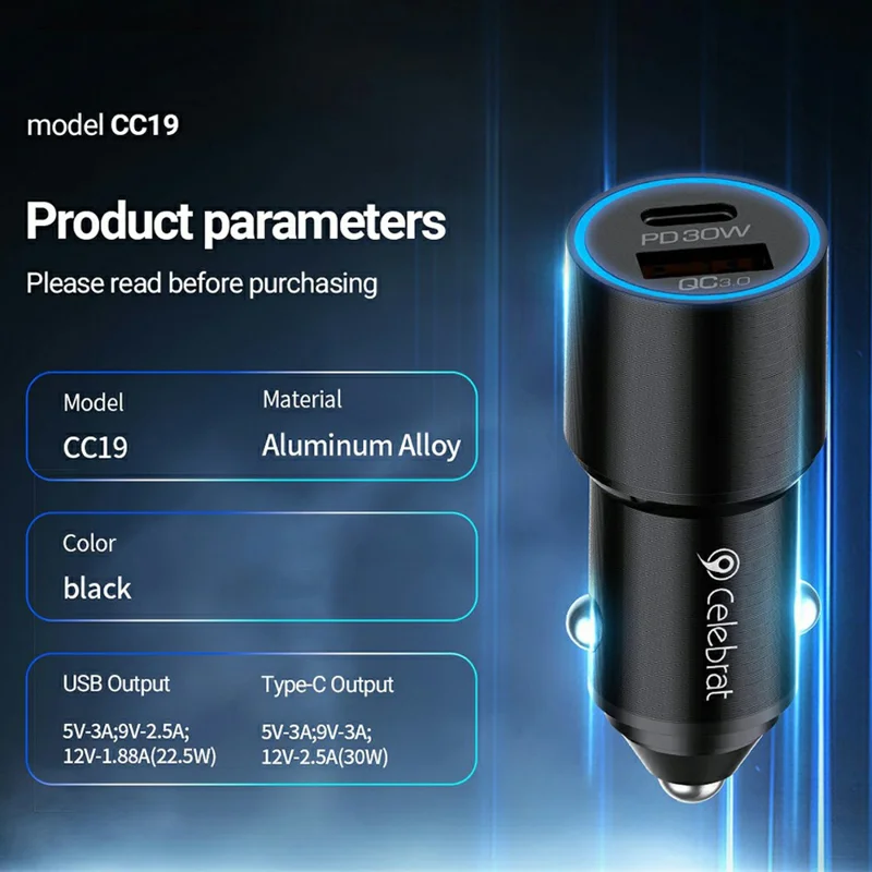 CELEBRAT CC19 Car Charger QC 3.0 22.5W USB + PD 30W Type-C Dual Port Fast Charging Adapter with Atmosphere Light - Black