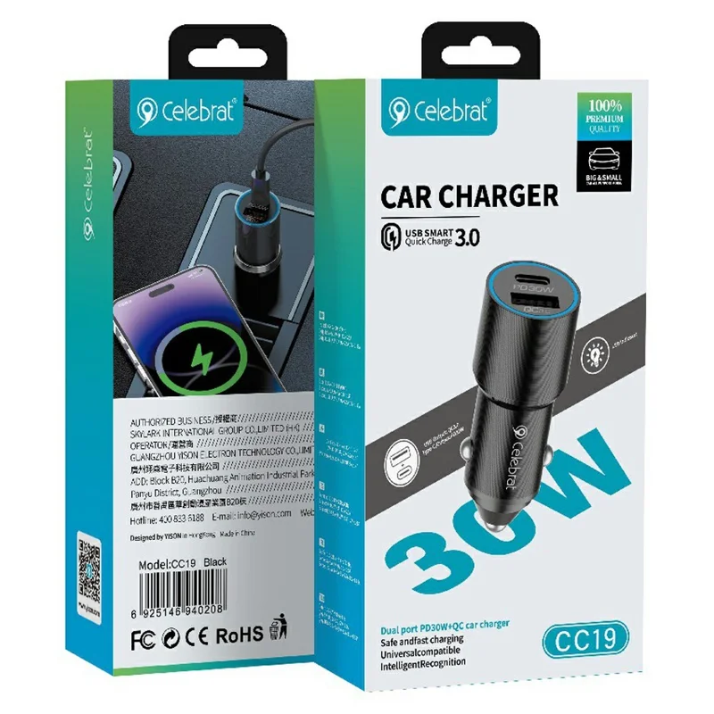 CELEBRAT CC19 Car Charger QC 3.0 22.5W USB + PD 30W Type-C Dual Port Fast Charging Adapter with Atmosphere Light - Black