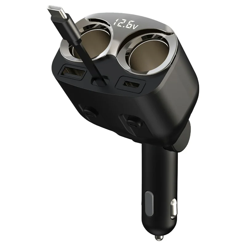 GE12 Multi-Port Car Charger 120W Cigarette Lighter Socket Voltage Display Independent Switch with PD 65W Retractable USB-C Cable - Black