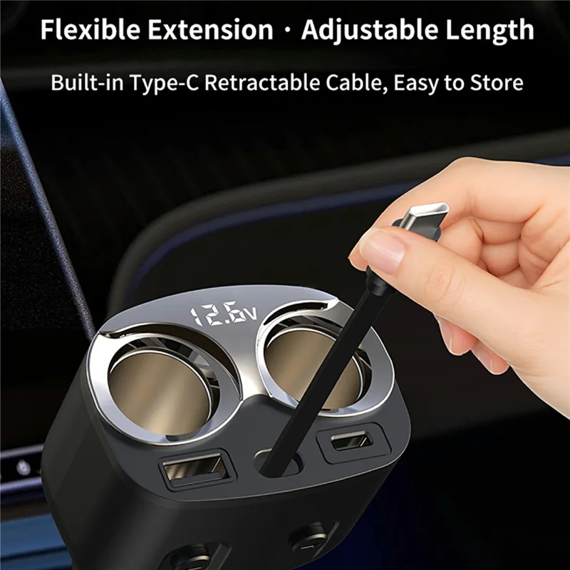 GE12 Multi-Port Car Charger 120W Cigarette Lighter Socket Voltage Display Independent Switch with PD 65W Retractable USB-C Cable - Black