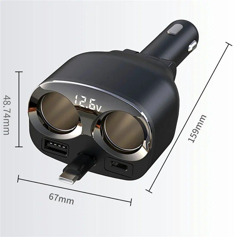 GE12 Multi-Port Car Charger 120W Cigarette Lighter Socket Voltage Display Independent Switch with PD 65W Retractable USB-C Cable - Black