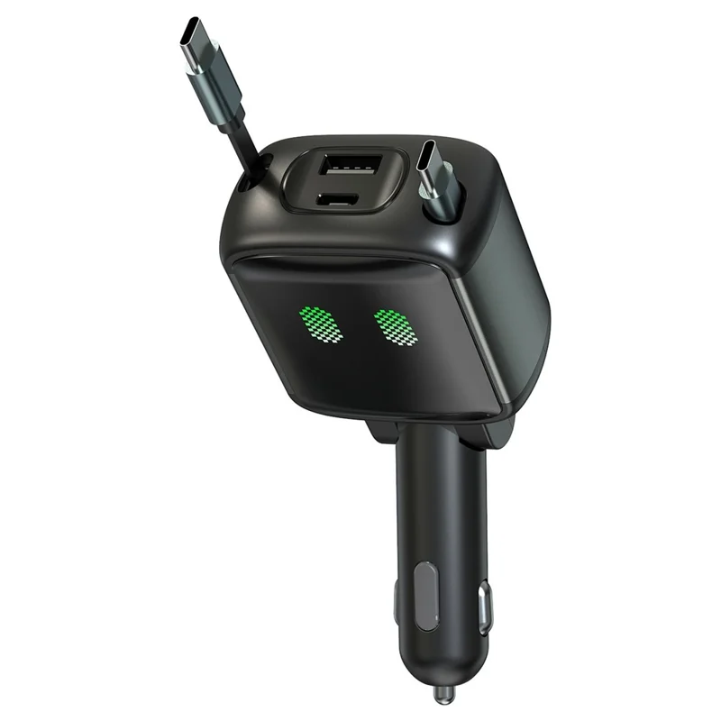 GE15 4-Port Car Charger 65W PD Fast Charging Dual Retractable Cable with LED Ambient Light - Black