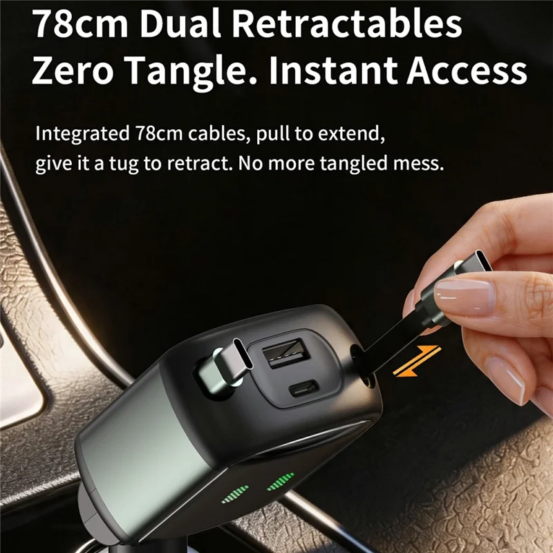 GE15 4-Port Car Charger 65W PD Fast Charging Dual Retractable Cable with LED Ambient Light - Black