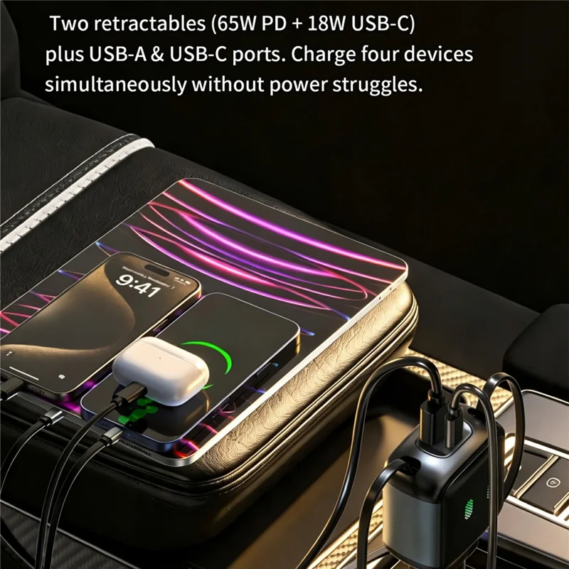 GE15 4-Port Car Charger 65W PD Fast Charging Dual Retractable Cable with LED Ambient Light - Black