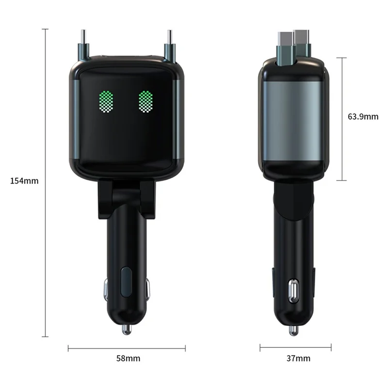 GE15 4-Port Car Charger 65W PD Fast Charging Dual Retractable Cable with LED Ambient Light - Black