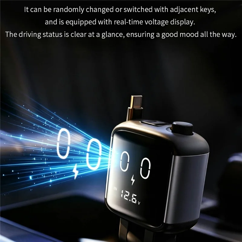 GE16 USB-A + USB-C Dual Port Car Charger with PD 65W Retractable Cable Digital Voltage Display Cartoon Emoji