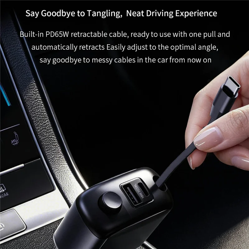 GE16 USB-A + USB-C Dual Port Car Charger with PD 65W Retractable Cable Digital Voltage Display Cartoon Emoji
