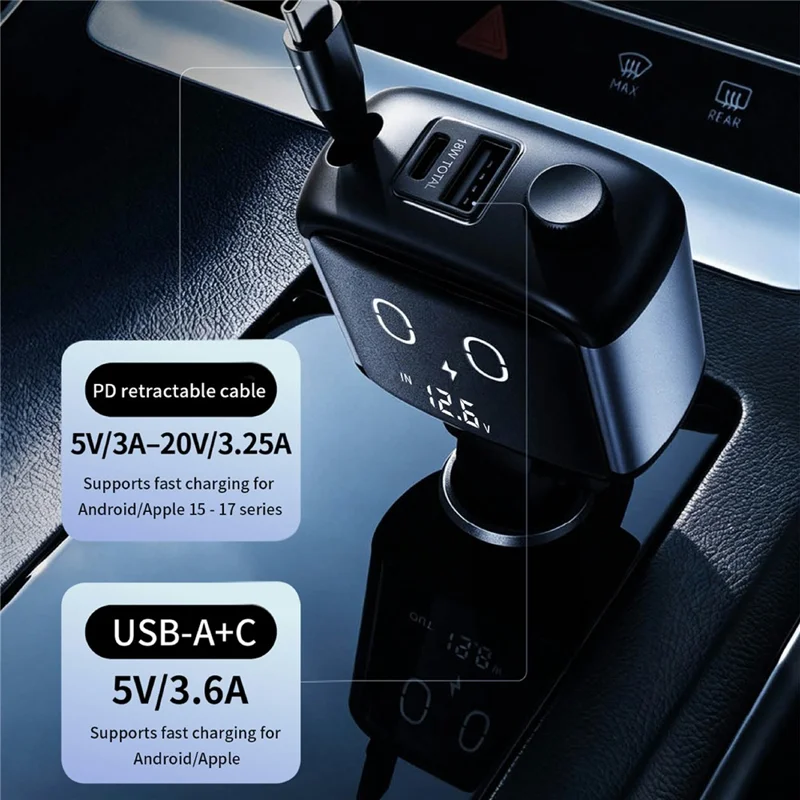 GE16 USB-A + USB-C Dual Port Car Charger with PD 65W Retractable Cable Digital Voltage Display Cartoon Emoji