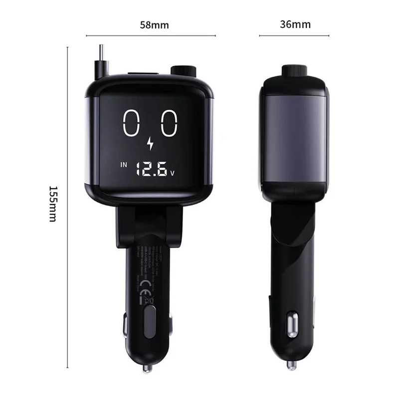 GE16 USB-A + USB-C Dual Port Car Charger with PD 65W Retractable Cable Digital Voltage Display Cartoon Emoji