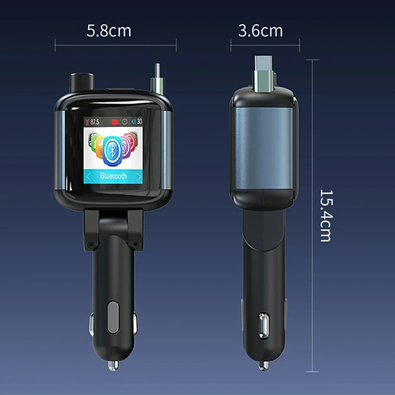 GE18 Car Charger PD 65W Retractable Cable TFT Display Voltage Monitor Bluetooth-compatible 5.4 FM Transmitter