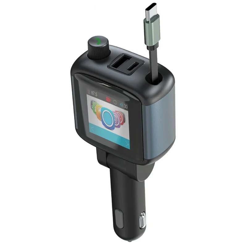 GE18 Car Charger PD 65W Retractable Cable TFT Display Voltage Monitor Bluetooth-compatible 5.4 FM Transmitter
