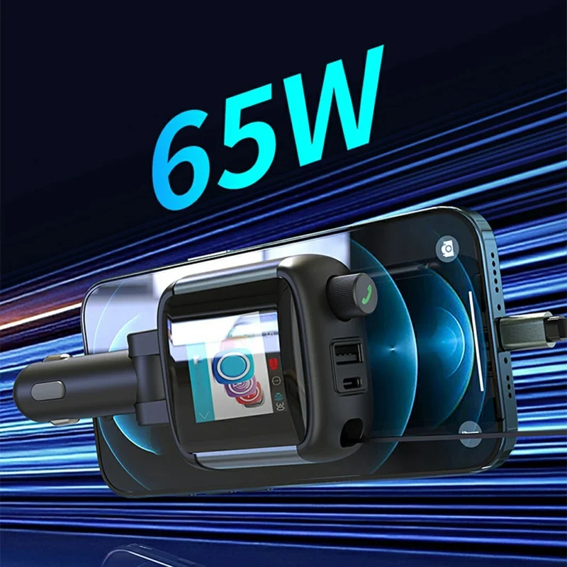 GE18 Car Charger PD 65W Retractable Cable TFT Display Voltage Monitor Bluetooth-compatible 5.4 FM Transmitter