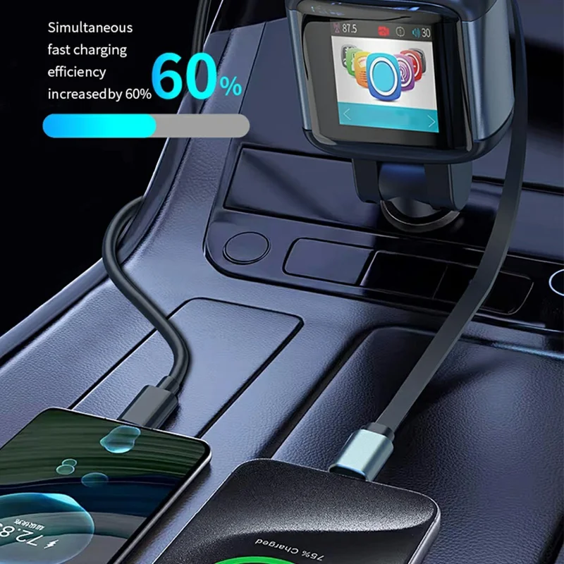 GE18 Car Charger PD 65W Retractable Cable TFT Display Voltage Monitor Bluetooth-compatible 5.4 FM Transmitter