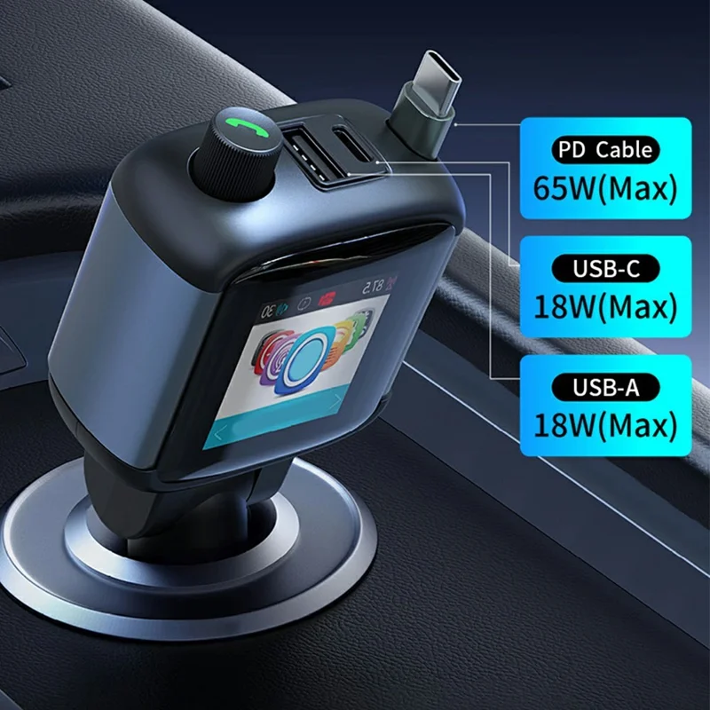 GE18 Car Charger PD 65W Retractable Cable TFT Display Voltage Monitor Bluetooth-compatible 5.4 FM Transmitter