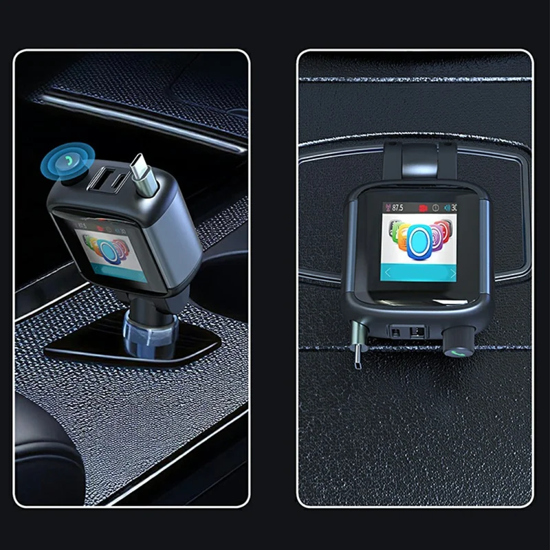 GE18 Car Charger PD 65W Retractable Cable TFT Display Voltage Monitor Bluetooth-compatible 5.4 FM Transmitter