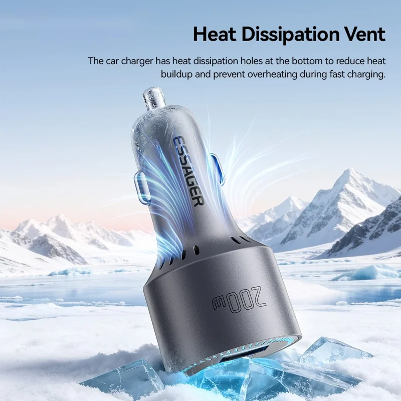 ESSAGER F782 200W Dual Type-C + USB-A Car Charger DC 12-24V Charging Adapter for Car - Grey