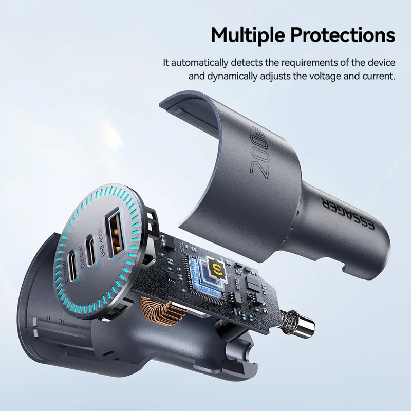 ESSAGER F782 200W Dual Type-C + USB-A Car Charger DC 12-24V Charging Adapter for Car - Grey