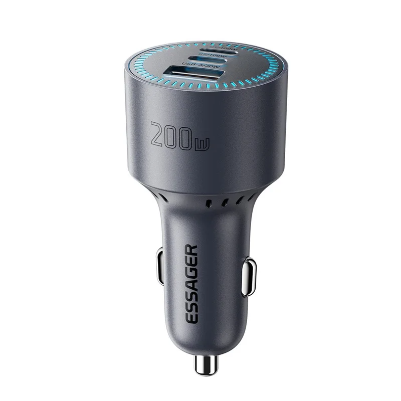 ESSAGER F782 200W Dual Type-C + USB-A Car Charger DC 12-24V Charging Adapter for Car - Grey