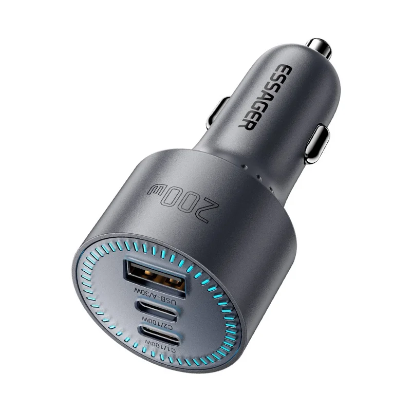 ESSAGER F782 200W Dual Type-C + USB-A Car Charger DC 12-24V Charging Adapter for Car - Grey