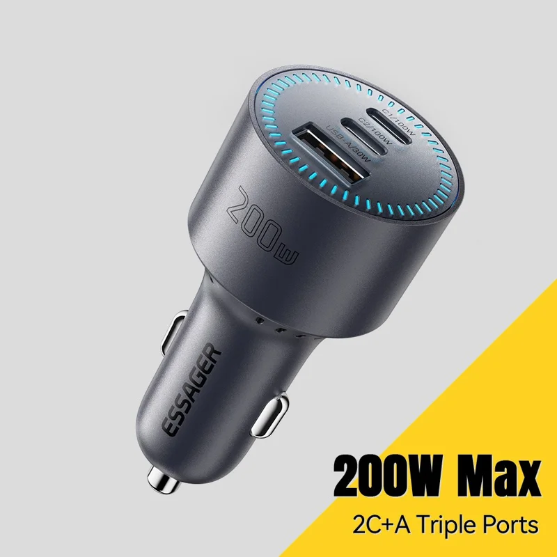 ESSAGER F782 200W Dual Type-C + USB-A Car Charger DC 12-24V Charging Adapter for Car - Grey