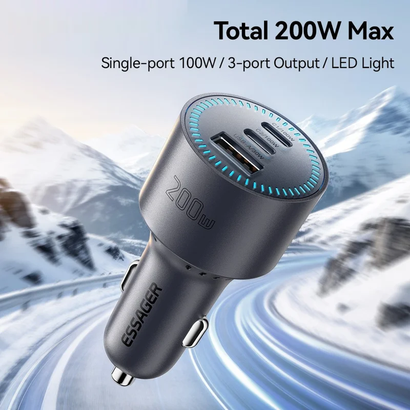 ESSAGER F782 200W Dual Type-C + USB-A Car Charger DC 12-24V Charging Adapter for Car - Grey