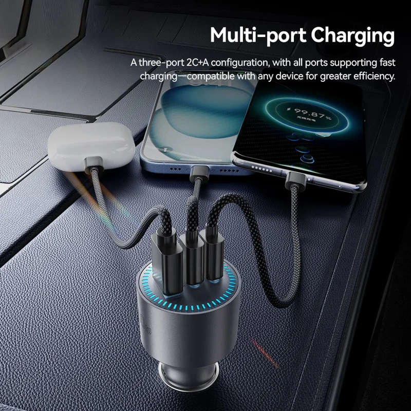 ESSAGER F782 200W Dual Type-C + USB-A Car Charger DC 12-24V Charging Adapter for Car - Grey