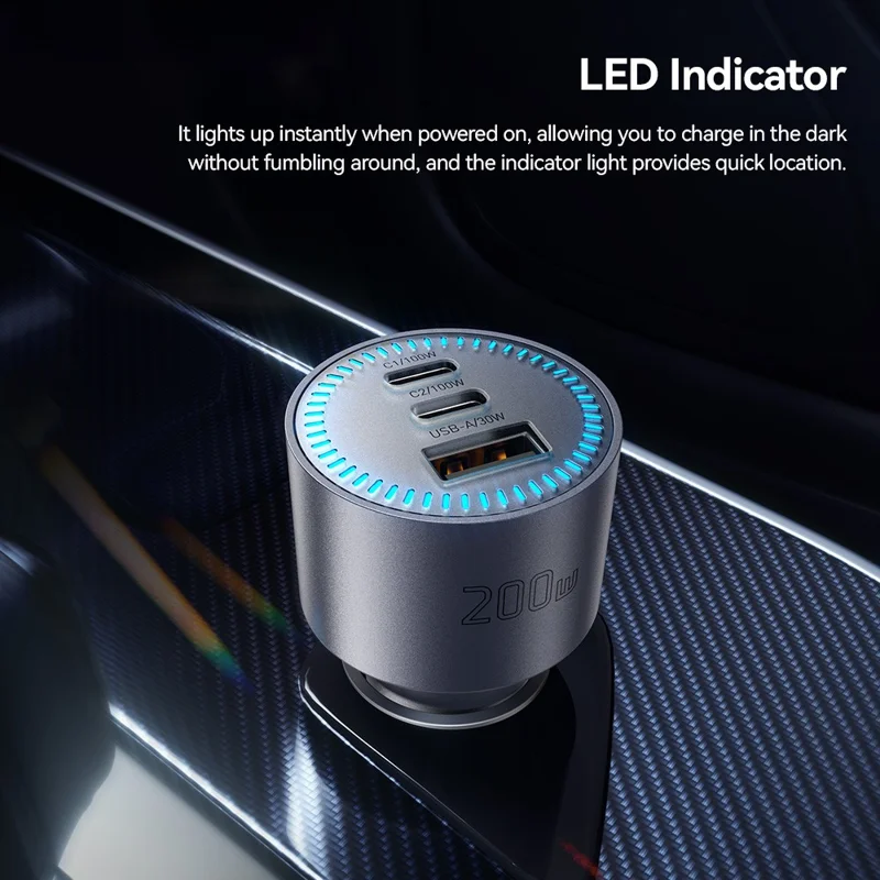 ESSAGER F782 200W Dual Type-C + USB-A Car Charger DC 12-24V Charging Adapter for Car - Grey