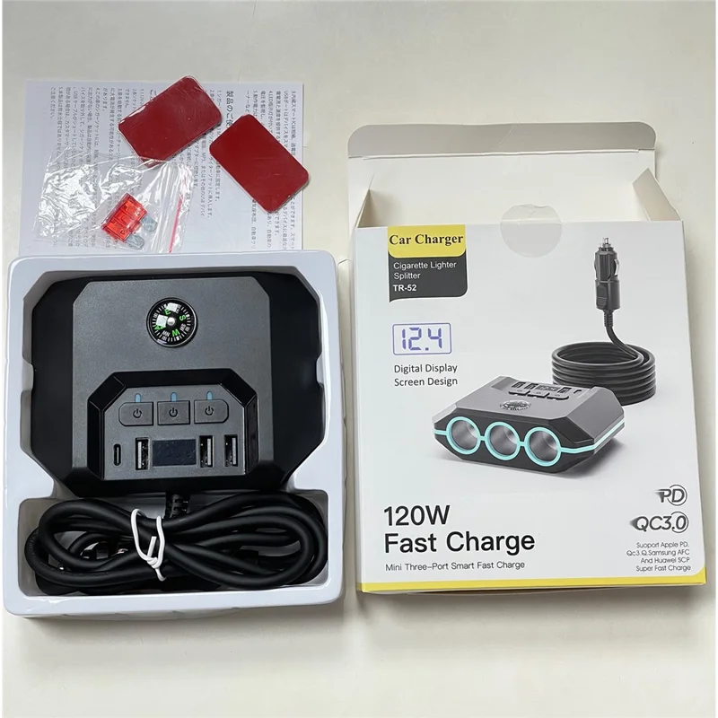 TR52 Car Charger Splitter, 3 Independently Switched Sockets, 3 USB + Type-C, Voltage Display - Black