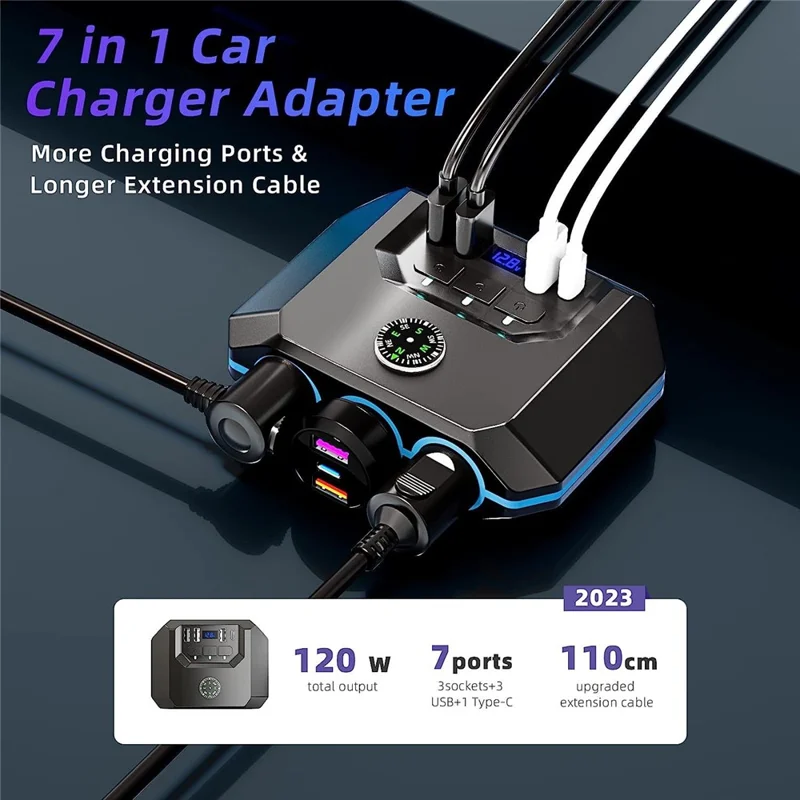 TR52 Car Charger Splitter, 3 Independently Switched Sockets, 3 USB + Type-C, Voltage Display - Black