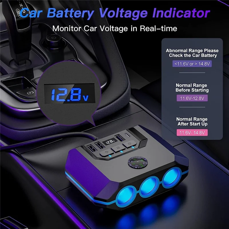 TR52 Car Charger Splitter, 3 Independently Switched Sockets, 3 USB + Type-C, Voltage Display - Black