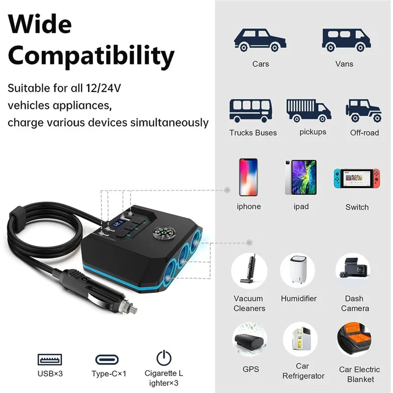 TR52 Car Charger Splitter, 3 Independently Switched Sockets, 3 USB + Type-C, Voltage Display - Black