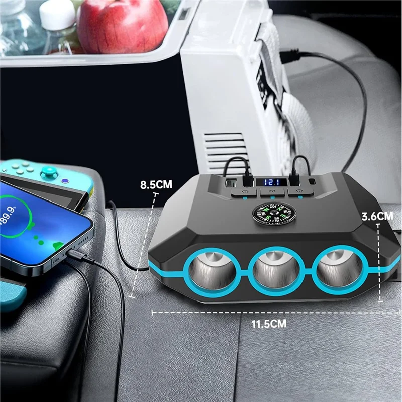 TR52 Car Charger Splitter, 3 Independently Switched Sockets, 3 USB + Type-C, Voltage Display - Black